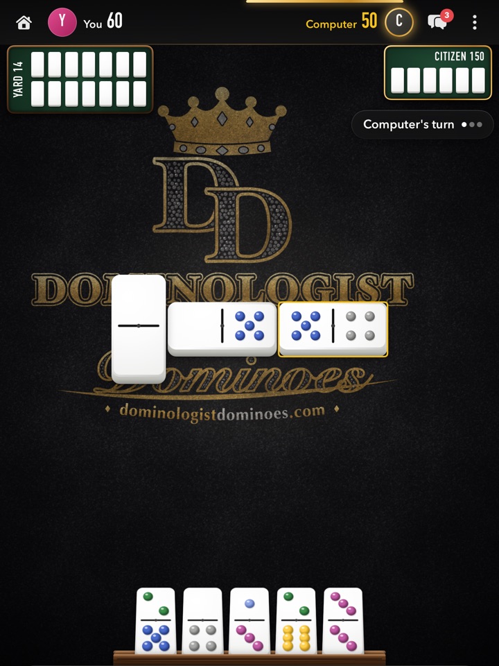 A Citizen game in progress on the house felt: the scores at the top, bones played across the gold Dominologist logo, dominologistdominoes.com under the swoosh, and your five bones in the rack.