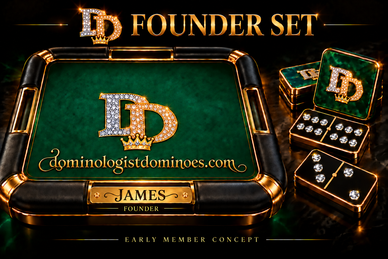 Concept of the personalized DD Founder table and diamond-pip dominoes