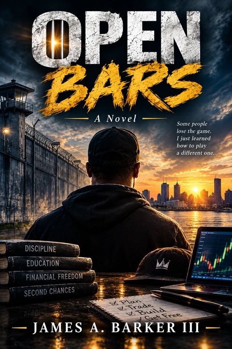 OPEN BARS cover: a man in a cap, seen from behind, faces a city skyline at sunset beside a prison wall; a stack of books labeled Discipline, Education, Financial Freedom and Second Chances, a notebook reading Plan, Trade, Build, Get Free, and a laptop with a stock chart.